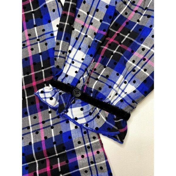Charter Club Blue Black‎ Plaid Ruffle Tie Neck Button Down Sz PXL NEW - Picture 5 of 8
